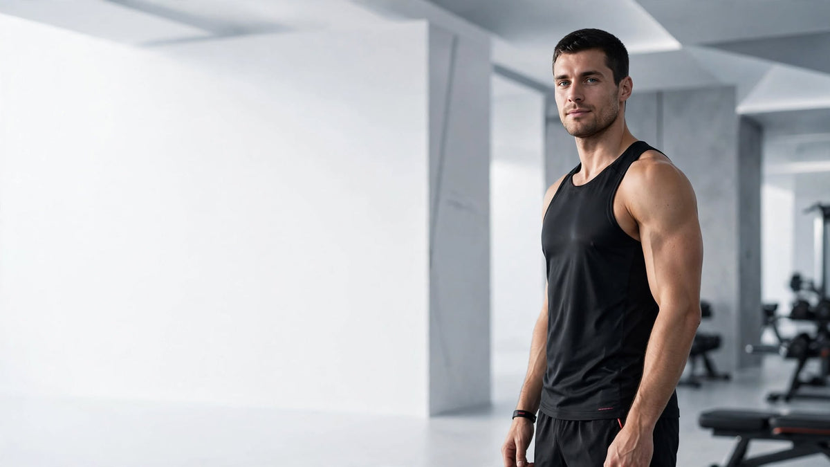 Athlete in black training kit in a bright minimalist gym, open space on the left